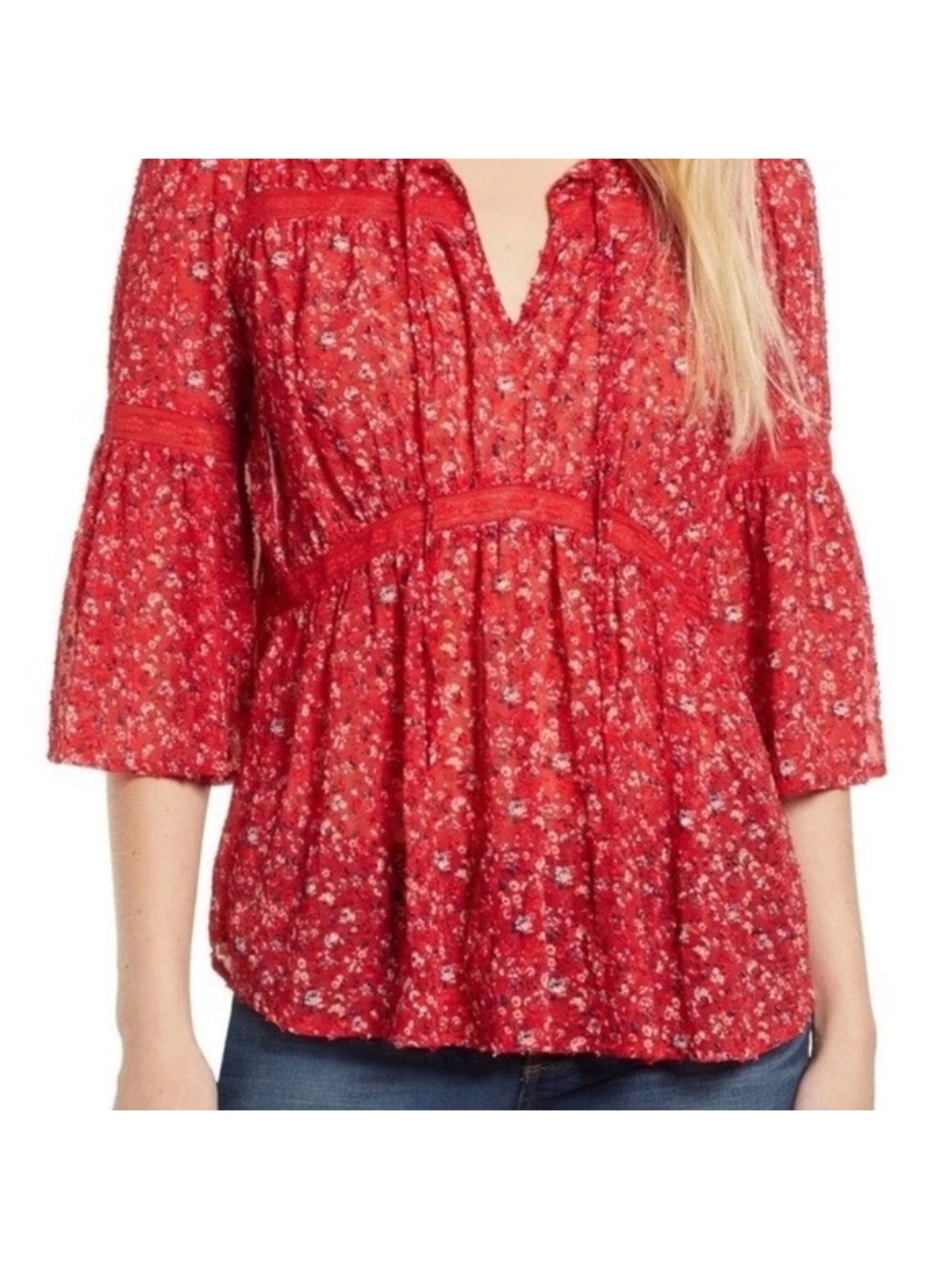 Lucky Brand Red Floral Peasant Blouse
